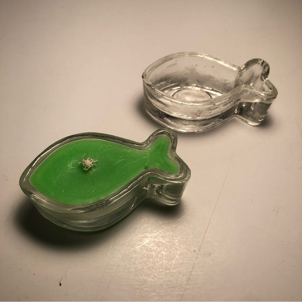 Small Glass Fish Containers (One with Green Candle)